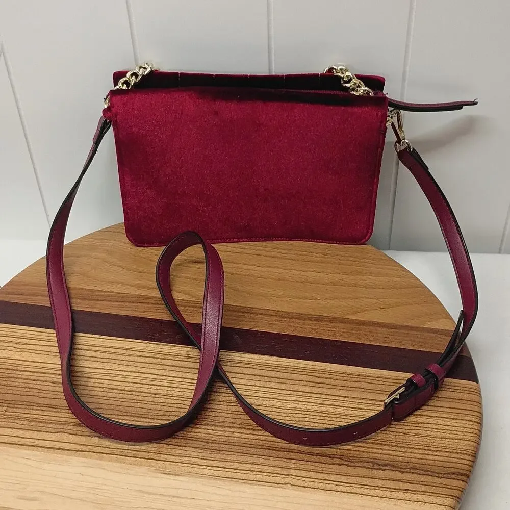 Victoria’s Secret Velvet Bond Street Shoulder Bag Cranberry Gold tone Chain Stud